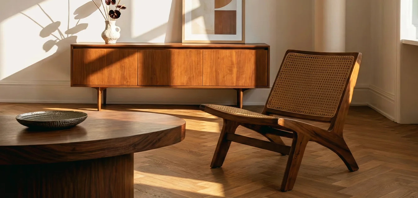 Soggiorno minimalista illuminato dal sole con tavolino in legno, poltrona in canna, credenza, arte astratta alle pareti e vasi decorativi su pavimento in legno.