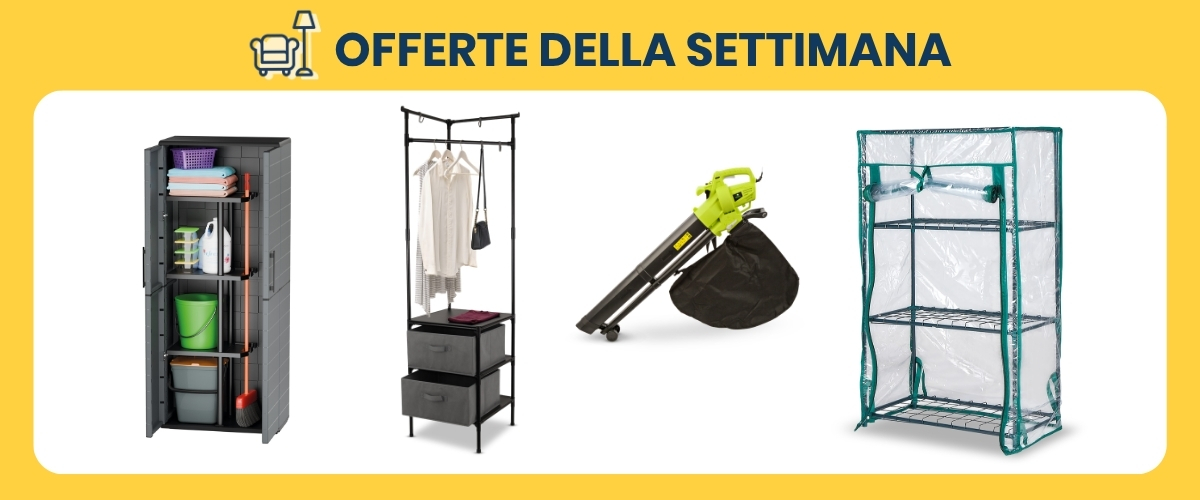 Yellow promo banner with four deals: storage cabinet, clothes rail with drawers, leaf blower and small portable greenhouse