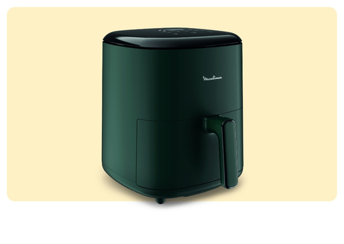 Dark green Moulinex digital air fryer with front pull-out basket and touch controls, compact worktop kitchen appliance