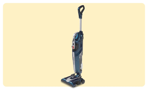 Upright steam mop and cleaner with handle, visible water tank and swivel floor head on pale cream background