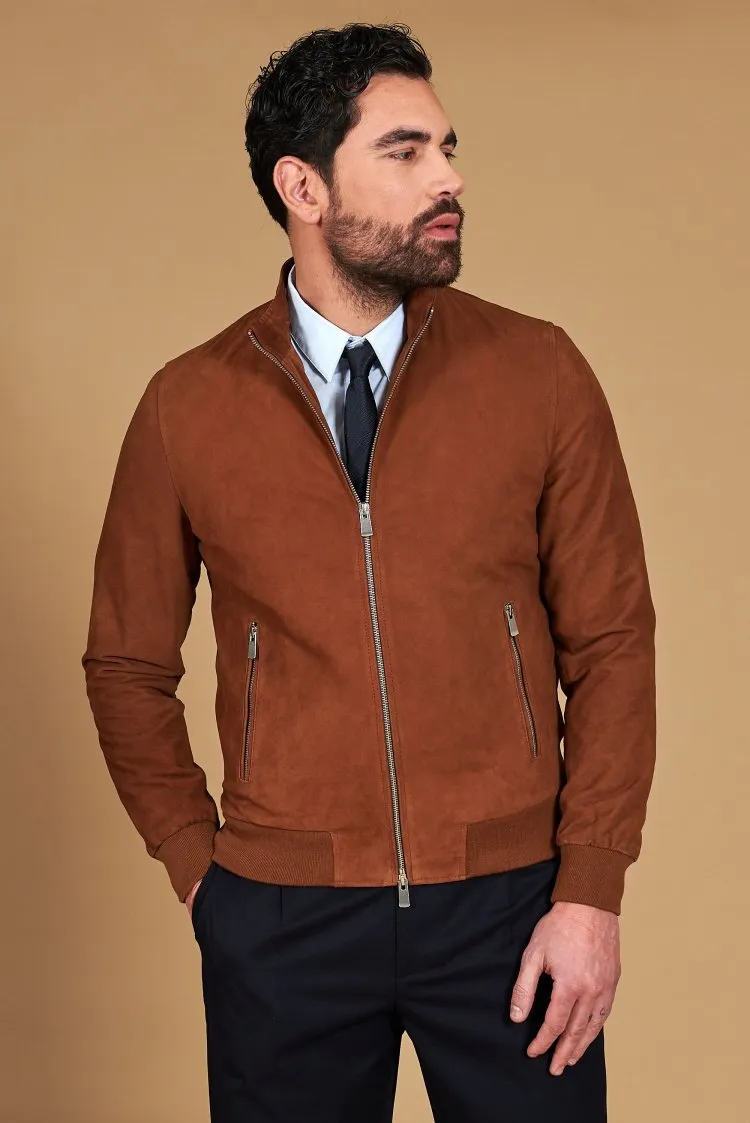 Image of Giubbotto bomber in pelle camoscio color cuoio tono su tono