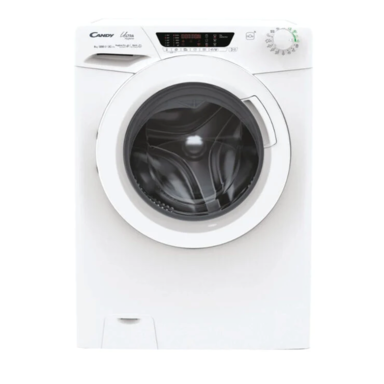 Front-loading white washing machine with circular glass door and digital control panel