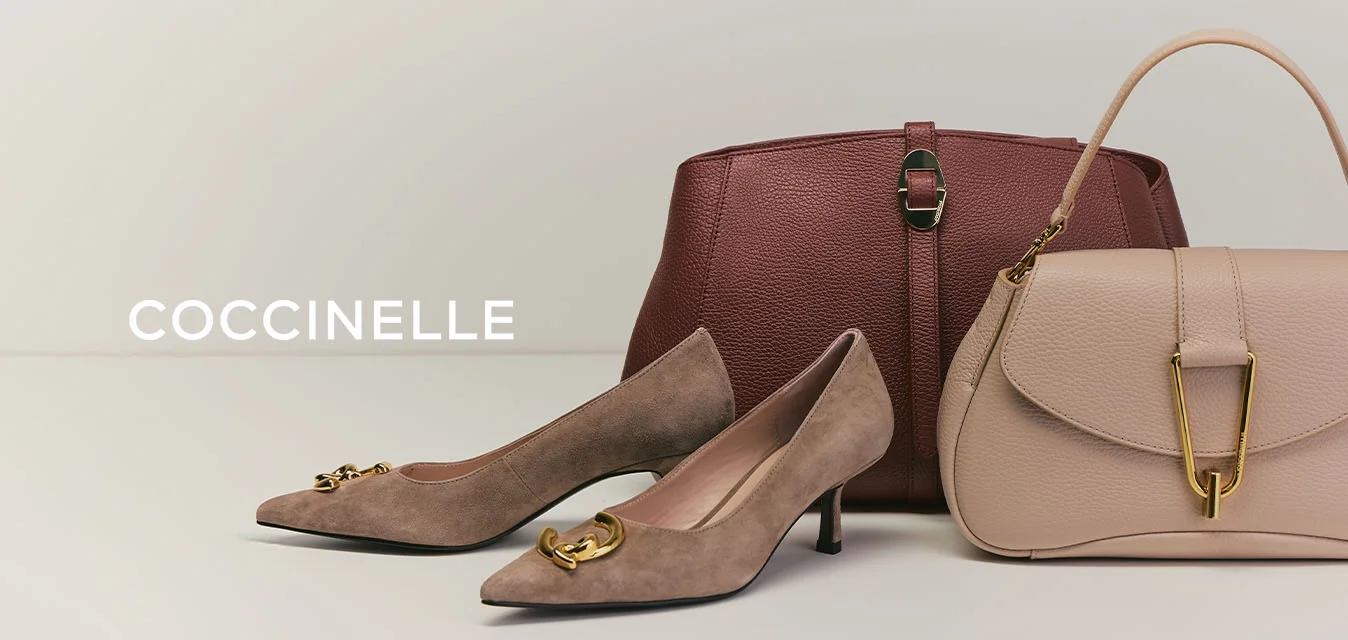 Coppia di scarpe basse in camoscio marrone con fibbia dorata, borsa in pelle marrone con chiusura e borsa beige con fibbia dorata su superficie bianca.