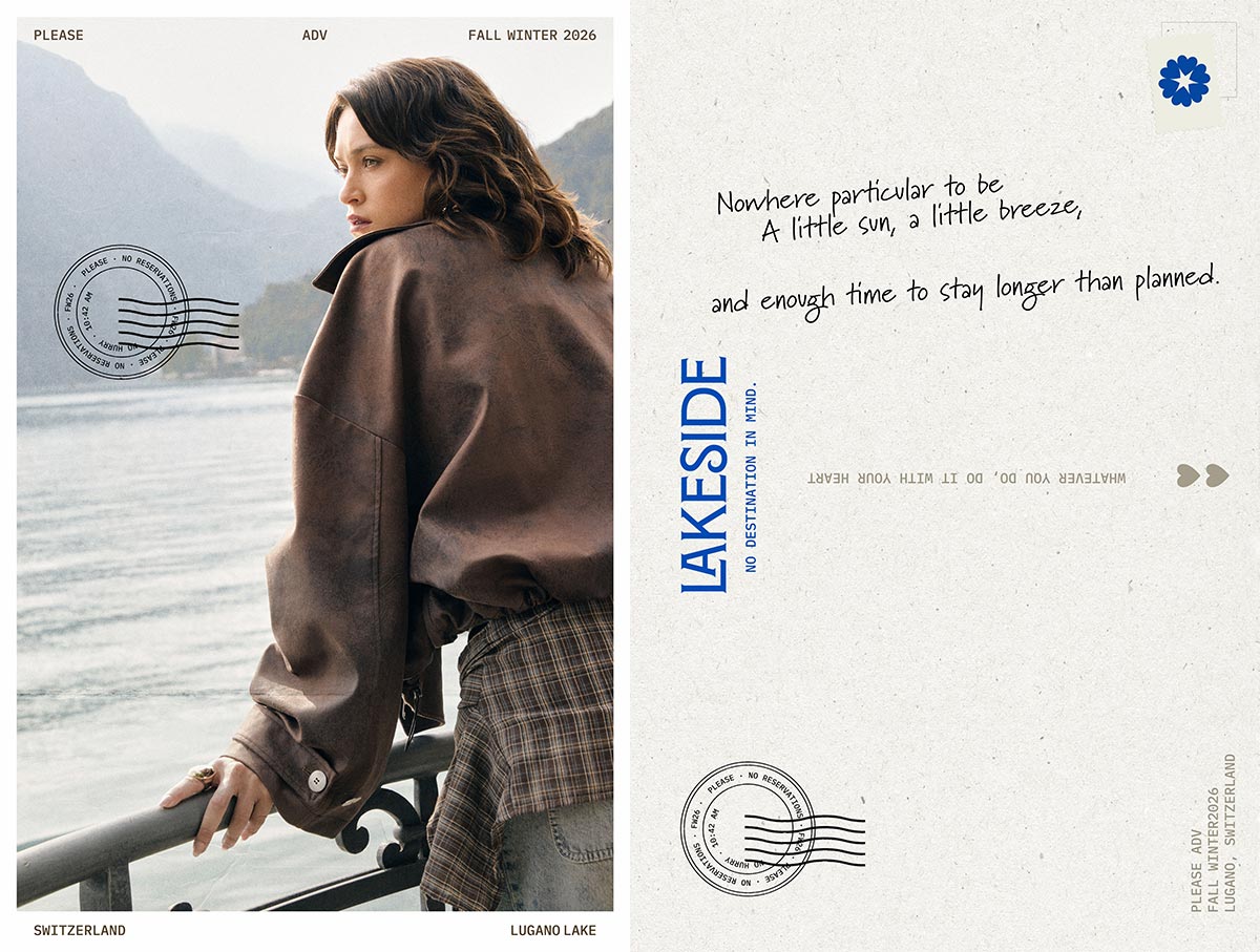 Woman in brown leather jacket leaning on a lakeside railing overlooking Lugano Lake and misty mountains in a postcard-style layout