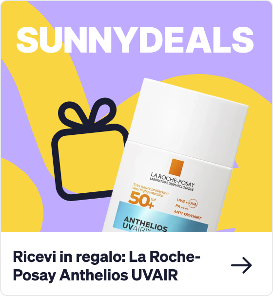 Banner showing La Roche-Posay Anthelios UVAIR SPF50 sunscreen bottle on purple and yellow background with gift icon