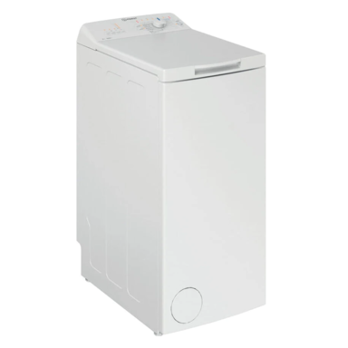 White top-loading compact washing machine with control panel and dial, tall narrow freestanding washer