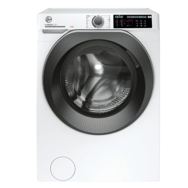 White front-loading washing machine with large circular glass door and digital control panel