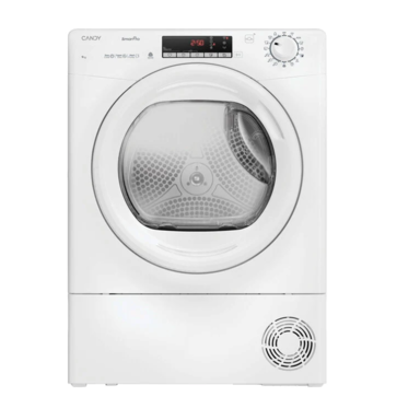 Candy white front-loading tumble dryer with round glass door, digital display and rotary control knob