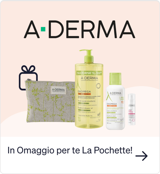 A‑DERMA Exomega skincare set: 1L pump, two smaller bottles and free fabric pouch on pale pink background