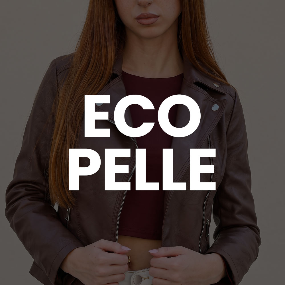 Woman wearing brown eco-leather jacket and burgundy top, hands at waist; bold white text "ECO PELLE" over image