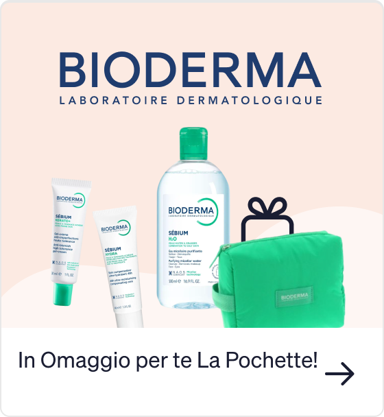 Bioderma logo above Sebium skincare set: micellar water bottle, two tubes and a free green travel pouch (gift)