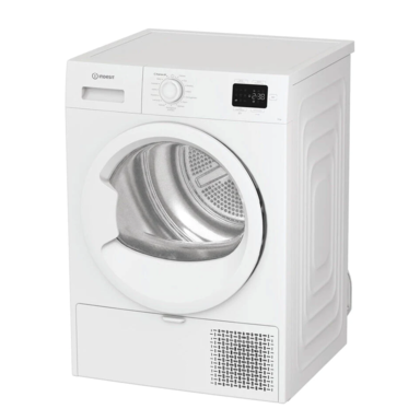 White front-loading tumble dryer with round glass door, stainless-steel drum, control dial and digital display — freestanding condenser dryer