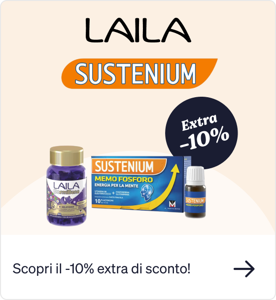 Laila and Sustenium supplements: Sustenium Memo Fosforo box, vial and Laila DormiBene bottle with Extra -10% label