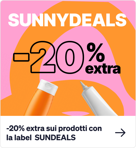 SUNNYDEALS banner: –20% extra on SUNDEALS products; two cosmetic tubes (orange bottle, white tube) on pink/orange background