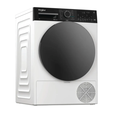 Whirlpool white condenser tumble dryer with large black circular door, digital control panel and lower vent grille