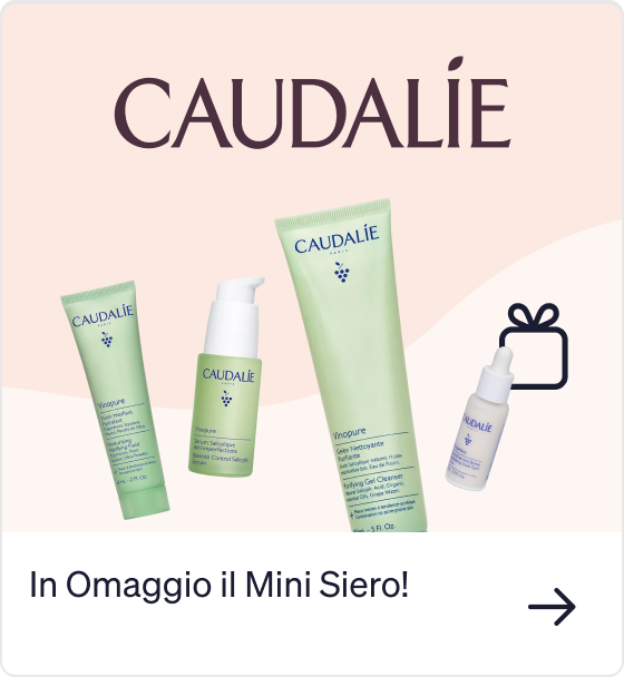 Caudalie Vinopure skincare lineup with cleanser, treatment and pump serum, promotional banner offering a free mini serum gift