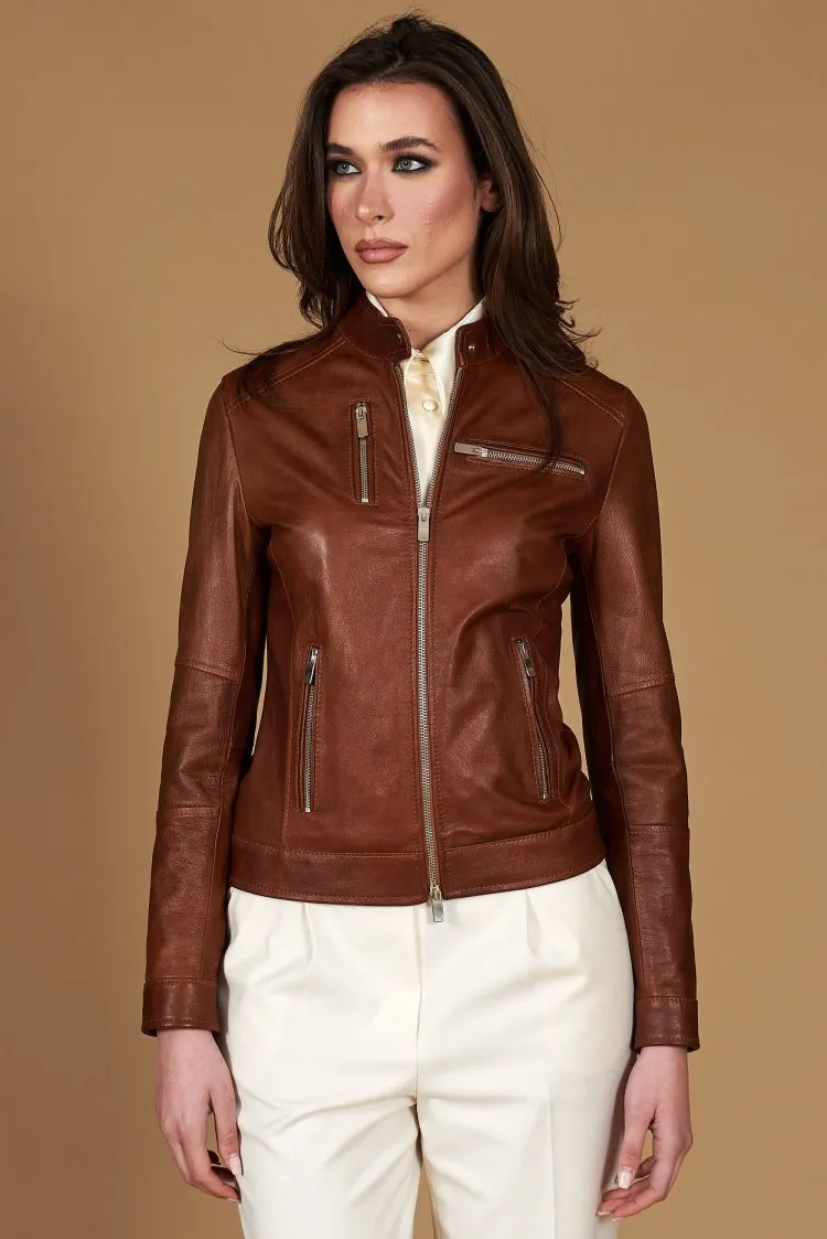 Image of Giacca biker in pelle cuoio pull up effetto vintage