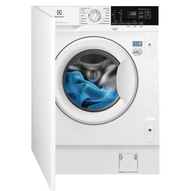Front-loading white washing machine with digital control panel and blue garment visible through circular glass door
