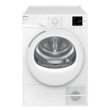 White front-loading tumble dryer with circular glass door showing stainless drum, control panel and digital display