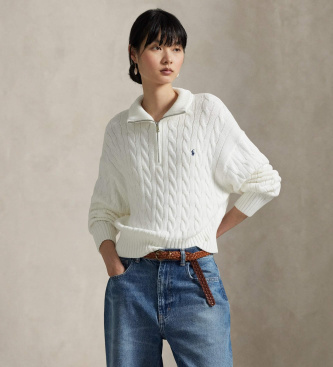Maglione bianco in cotone lavorato a trecce