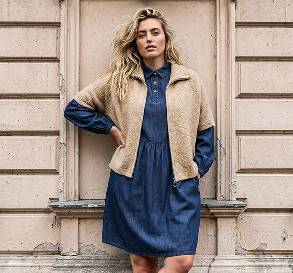 Abito in jeans a forma di A con colletto da camicia