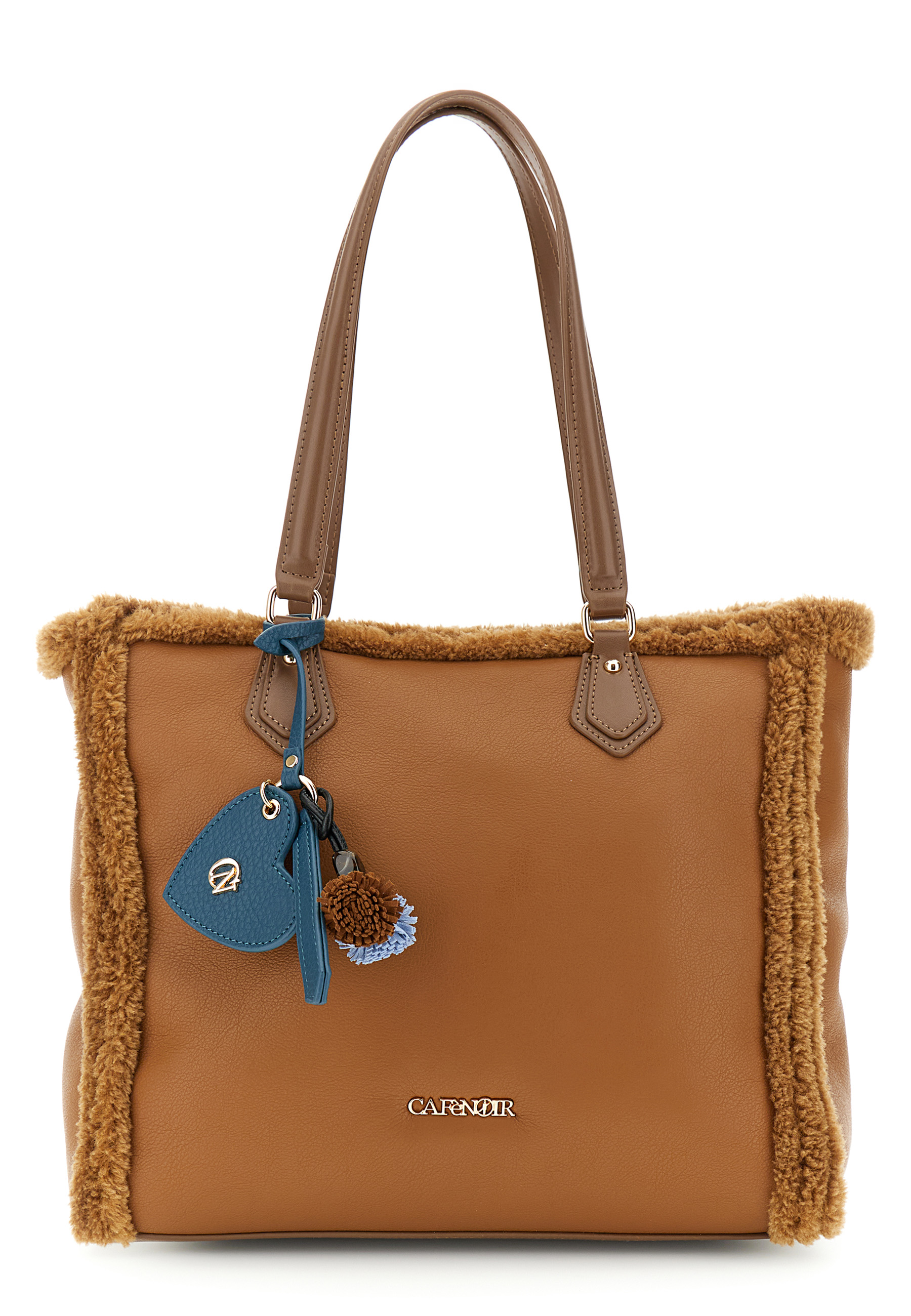 Image of shopping bag effetto shearling con rifiniture effetto pelle e charm colorato decorativo. marrone