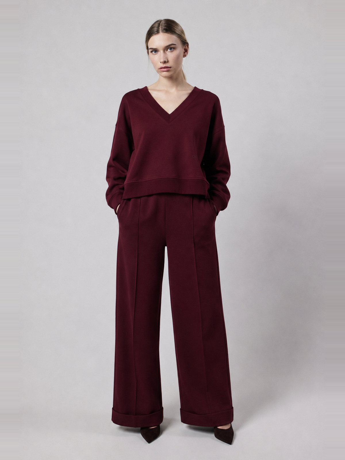 Pantalone Palazzo con Risvolto in Interlock Burgundy