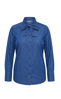 Blusa in jeans con fiocco, colletto da camicia, maniche lunghe – scopri ora