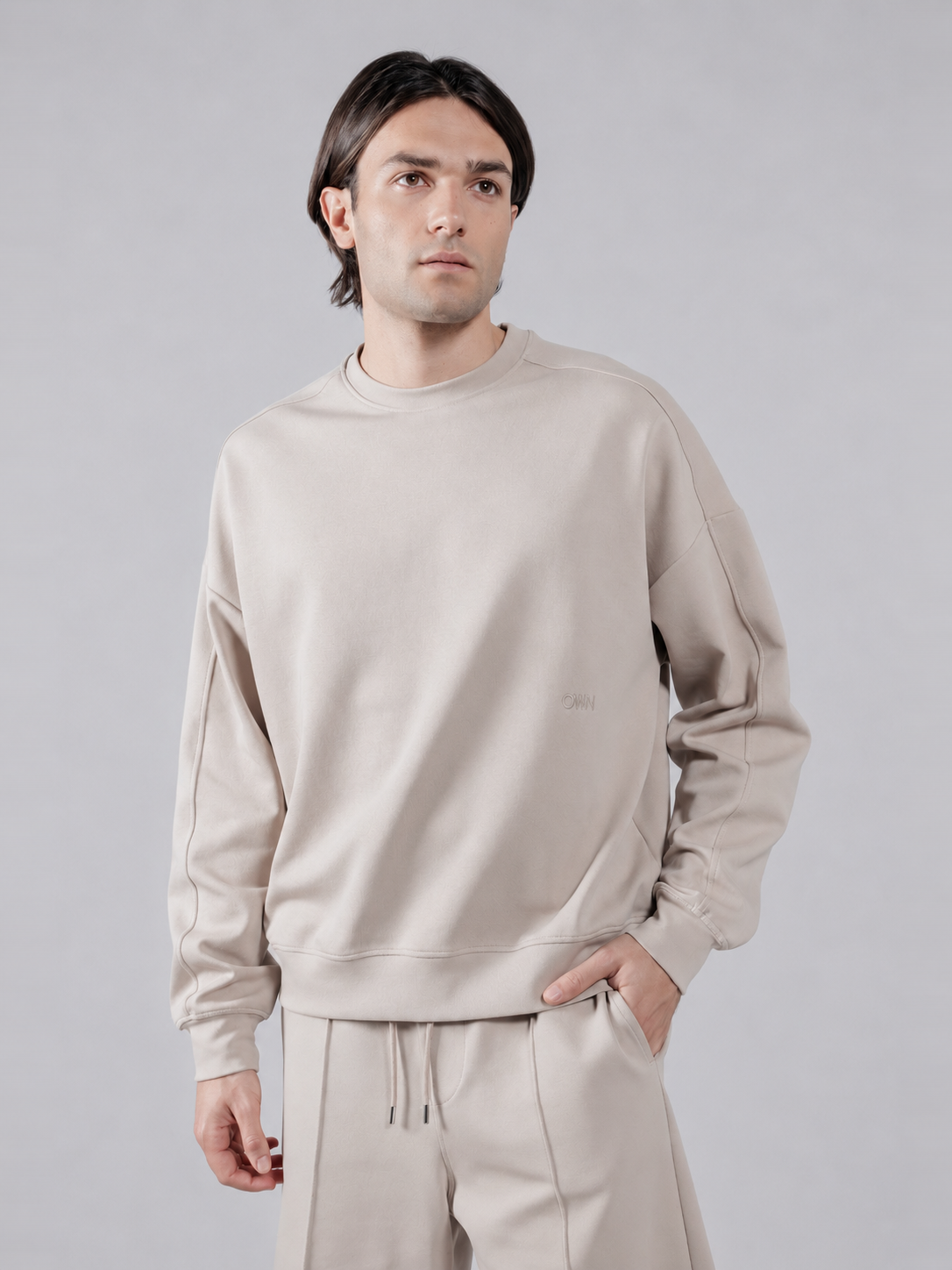 Felpa Girocollo Loose Fit in Interlock Beige
