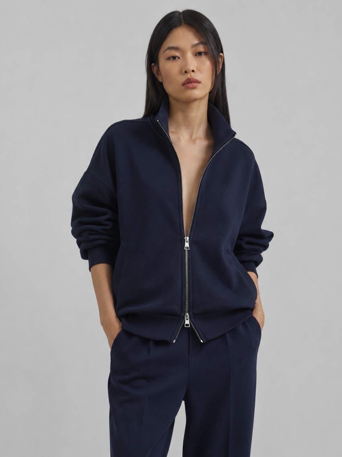 Felpa Collo Lupetto con Zip in Interlock Navy