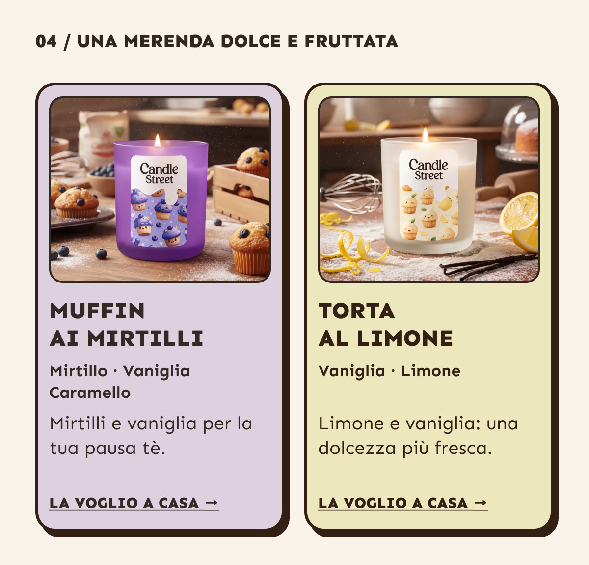 Una merenda dolce e fruttata. Muffin ai mirtilli: mirtillo, vaniglia, caramello. Torta al Limone: vaniglia e limone. La voglio a casa.