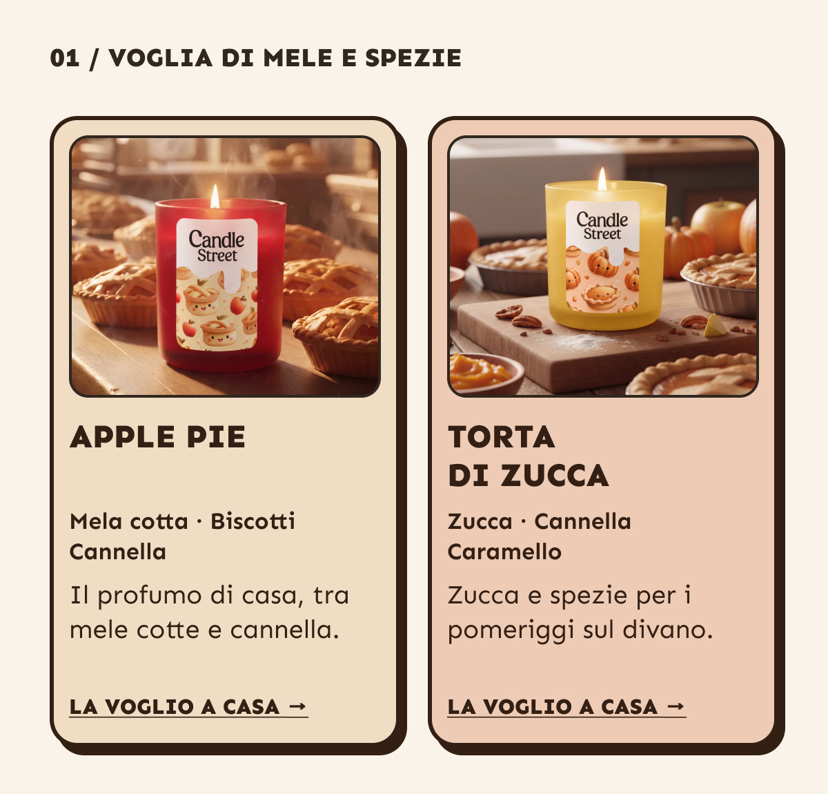 Voglia di mele e spezie. Apple pie: mela cotta, biscotti, cannella. Torta di zucca: zucca, cannella, caramello. La voglio a casa.