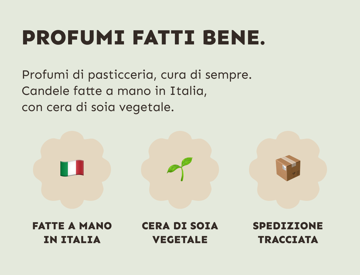 Profumi fatti bene. Candele fatte a mano in Italia con cera di soia vegetale. Spedizione tracciata.