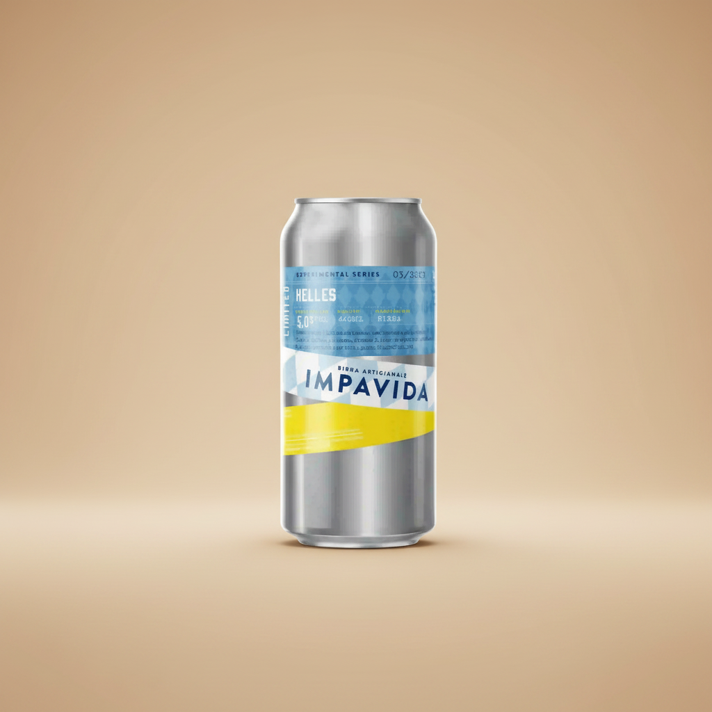 A silver beer can with a label that reads "IMPAVIDA" and "HELLAS" on a light brown background.