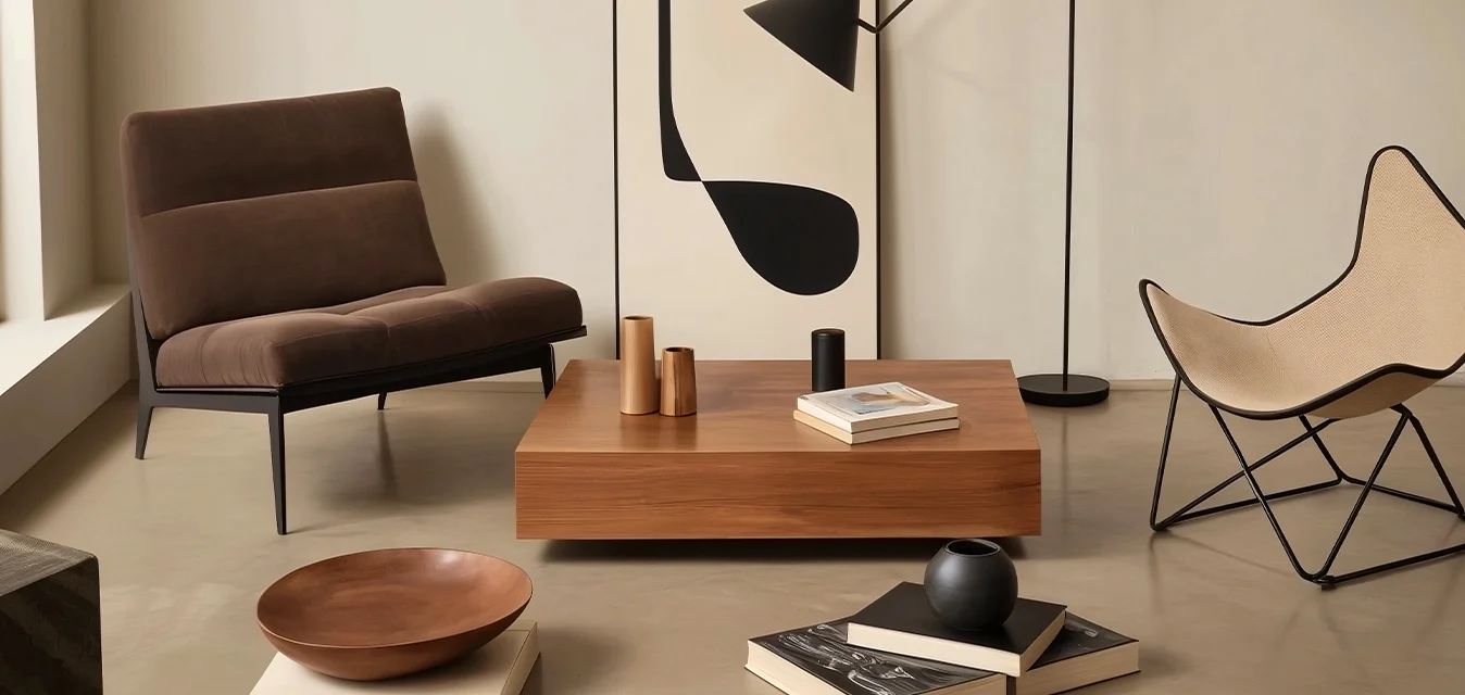 Poltrona in tessuto marrone con gambe nere, tavolino in legno, lampada da terra nera, stampa artistica, vasi in ceramica e libri impilati su un pavimento beige.