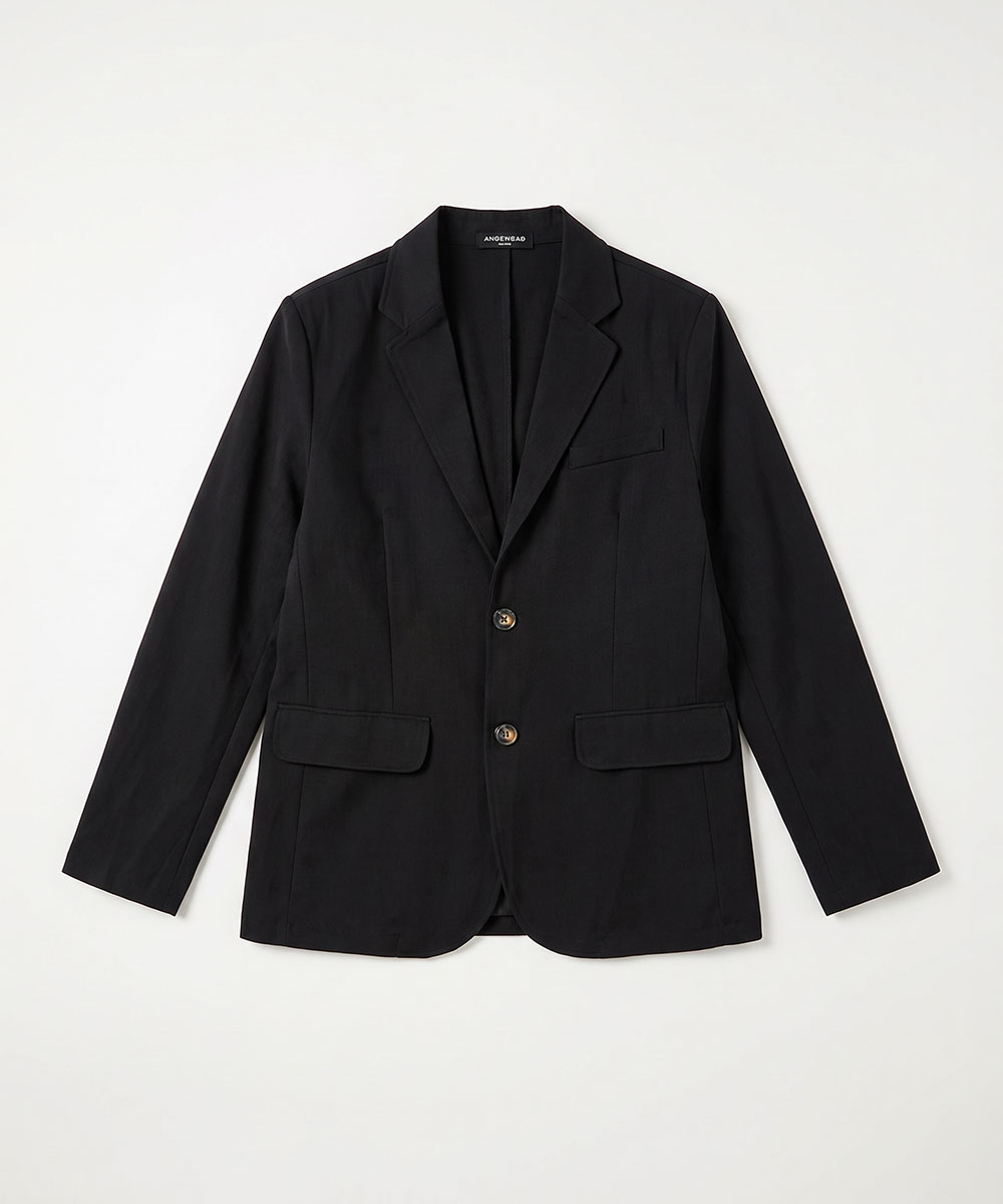 Black single-breasted tailored blazer with two-button closure and flap pockets, laid flat on a white background