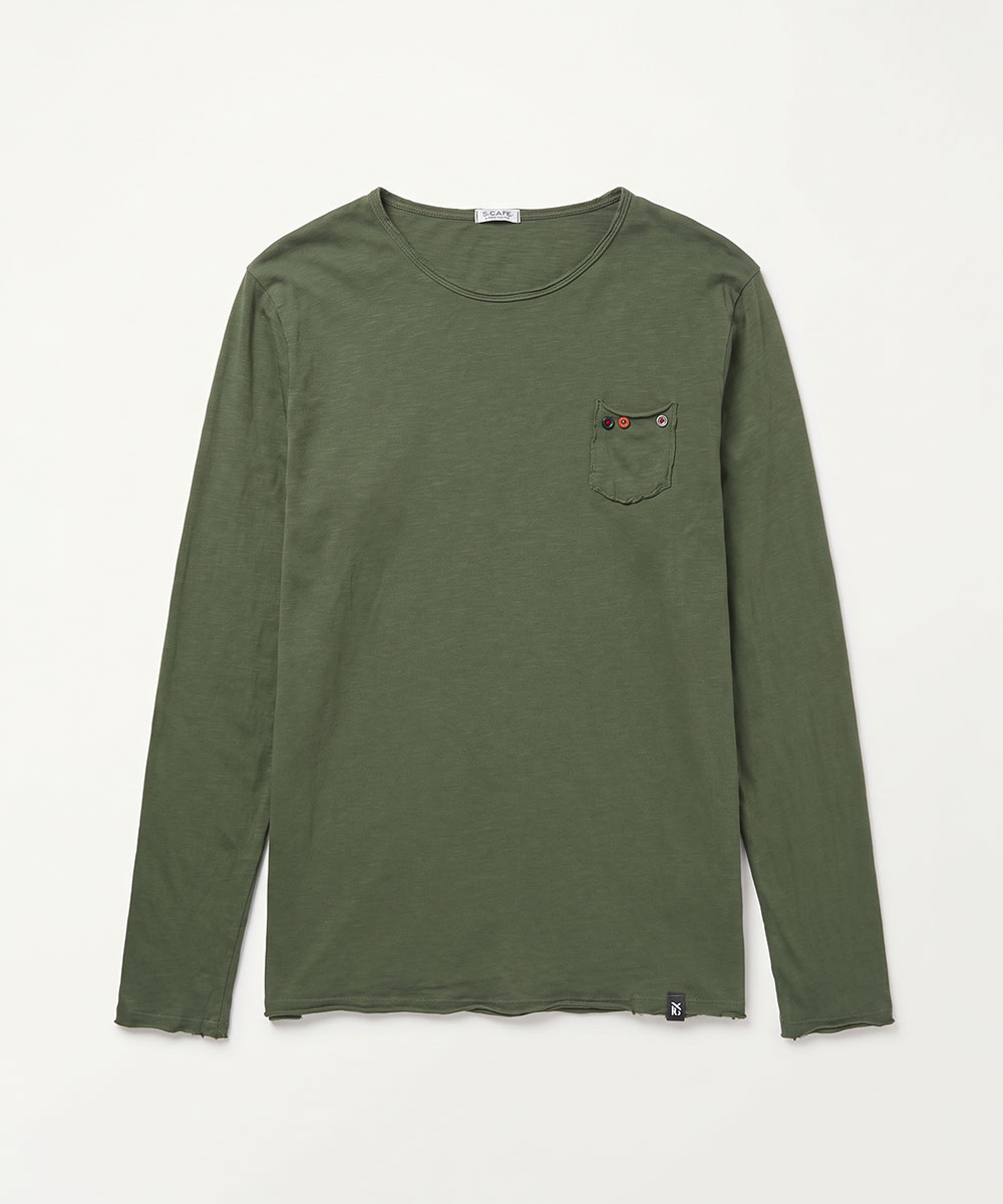 Khaki green long-sleeve crew-neck men's T-shirt with small chest pocket and two decorative eyelets, flat-lay on white background