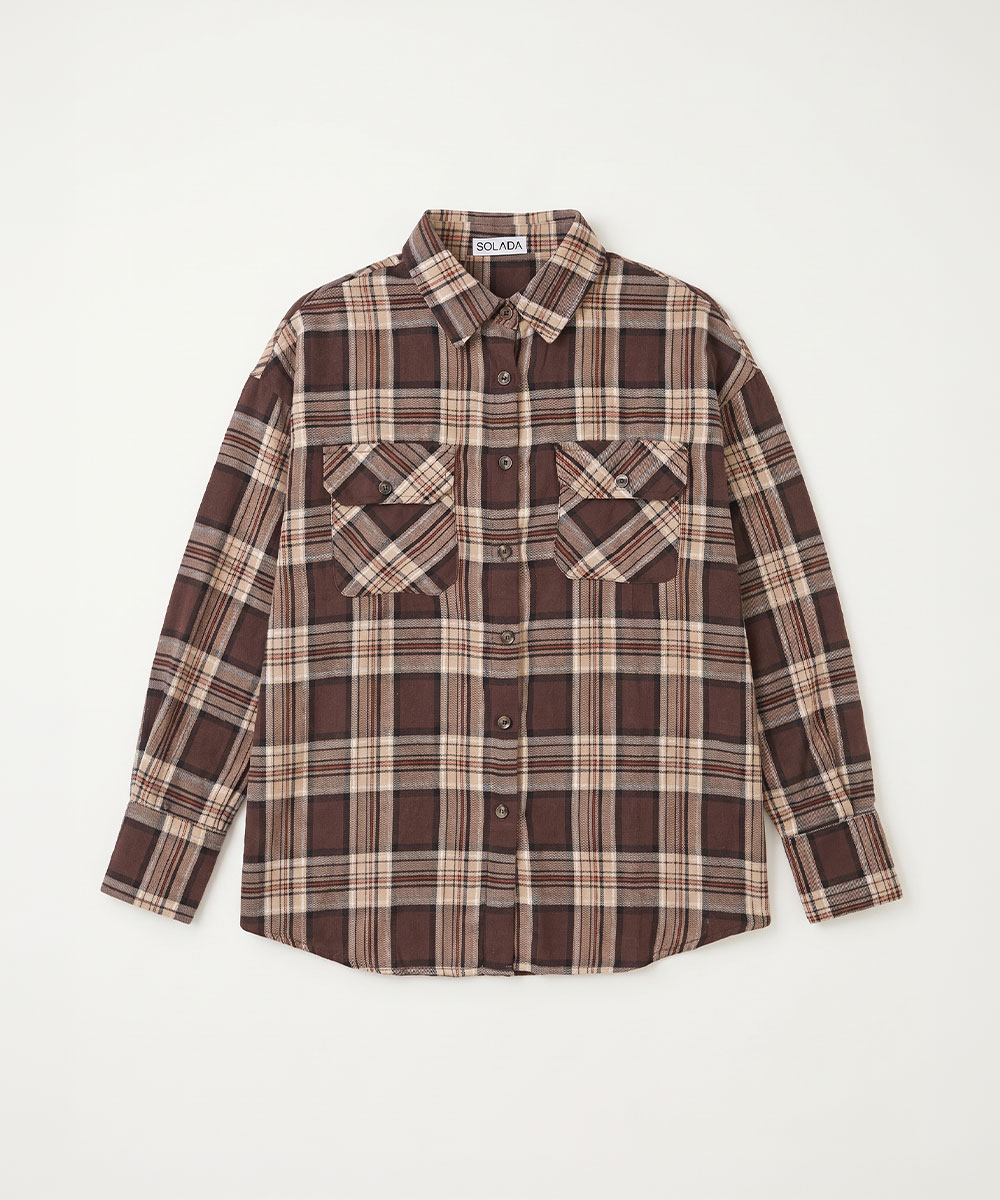 Brown and beige plaid flannel shirt, long-sleeve button-up with two chest pockets, laid flat on a white background