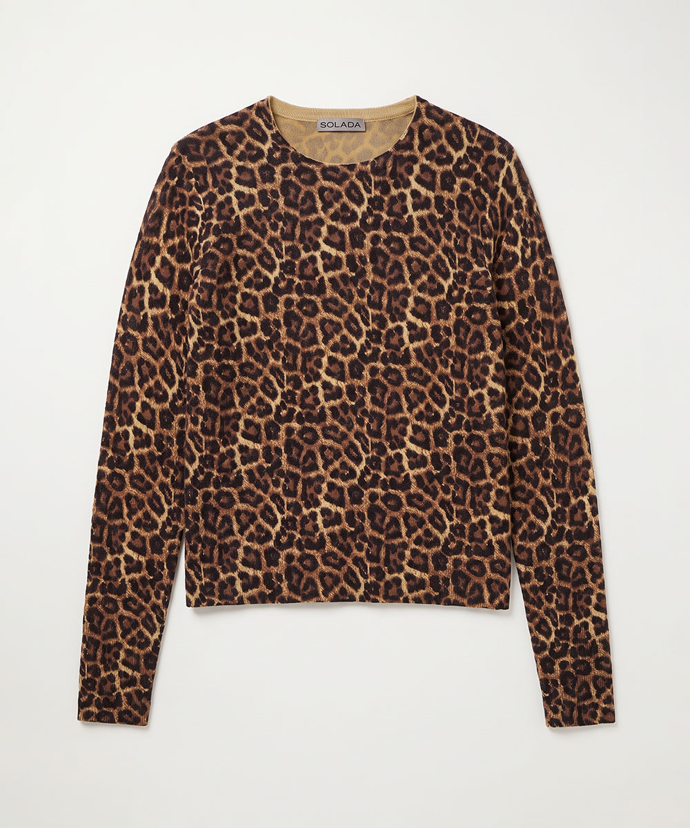 Leopard-print long-sleeve crew-neck jumper (Solada) in brown and black, flat-lay on white background