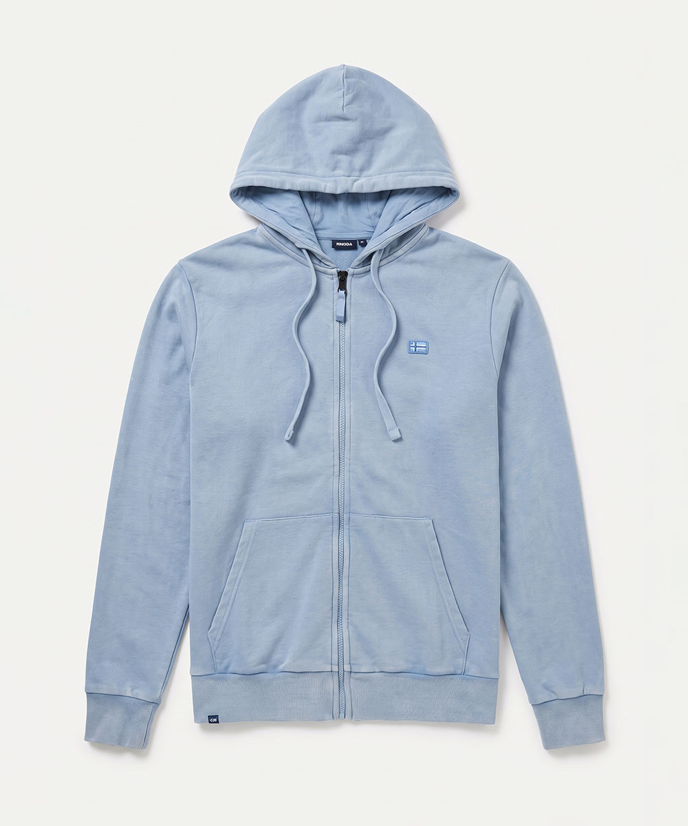 Light blue zip-up hoodie with front kangaroo pockets, drawstrings and small embroidered logo, laid flat on a white background