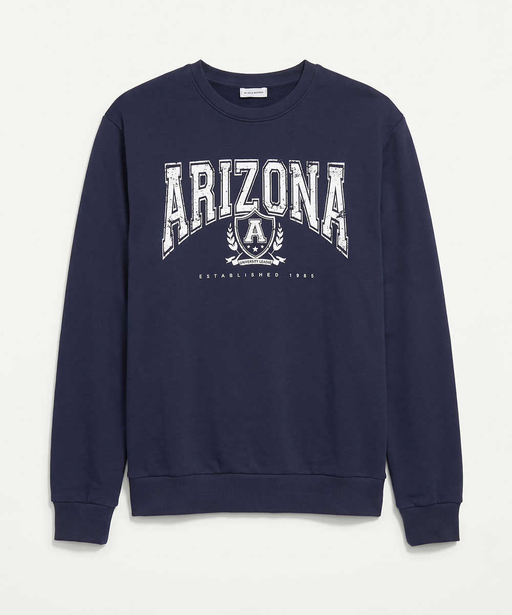 Navy crewneck sweatshirt with white distressed 'ARIZONA' collegiate print and laurel crest, long sleeves, ribbed cuffs and hem