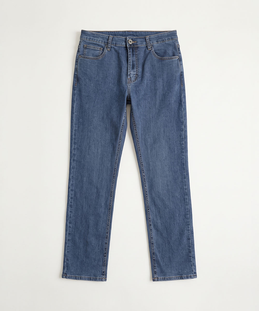 Mid-blue straight-leg denim jeans laid flat on white background, five-pocket design with button and zip
