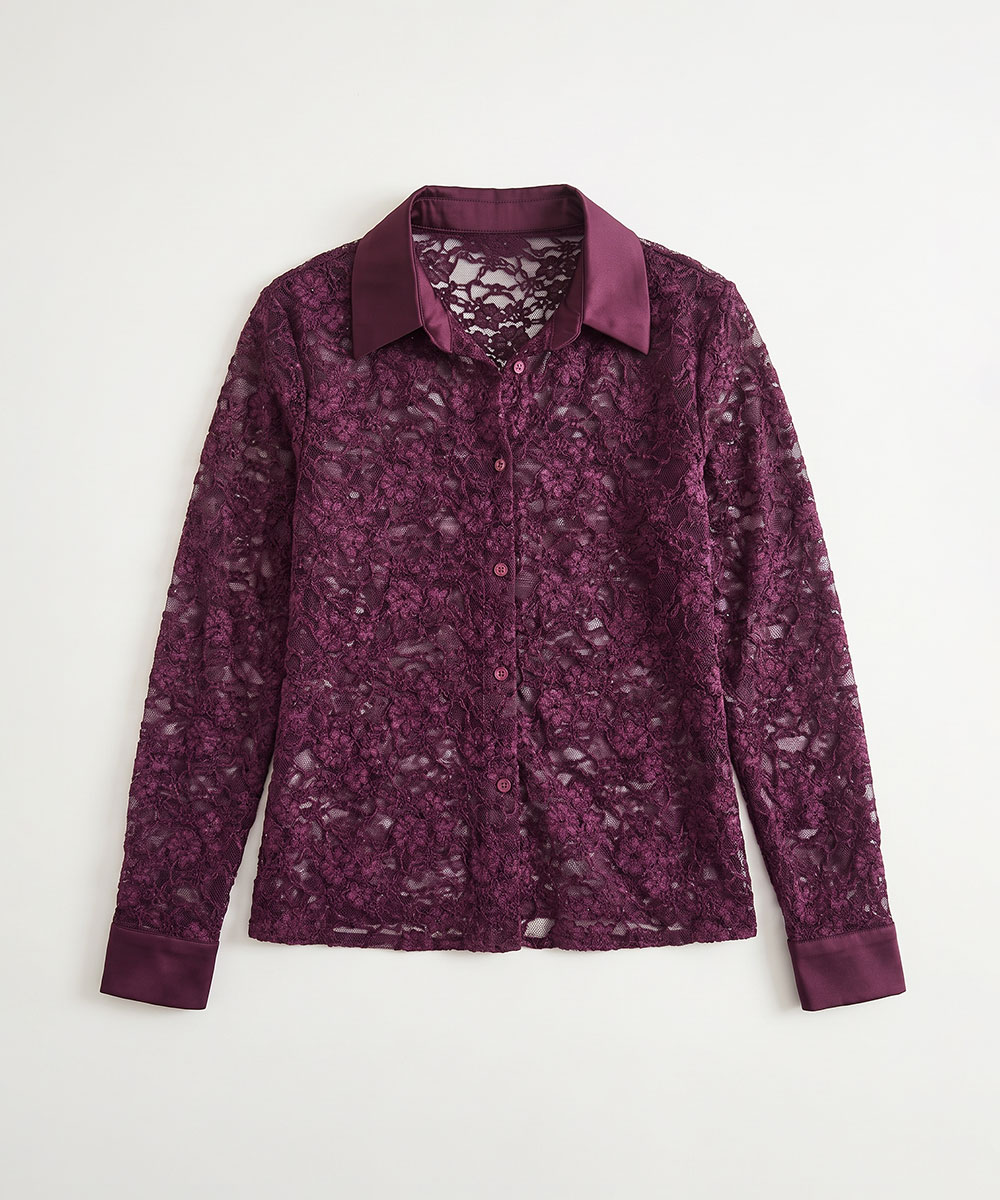 Women's plum lace long-sleeve button-up blouse with satin collar and cuffs, flat-lay on white background