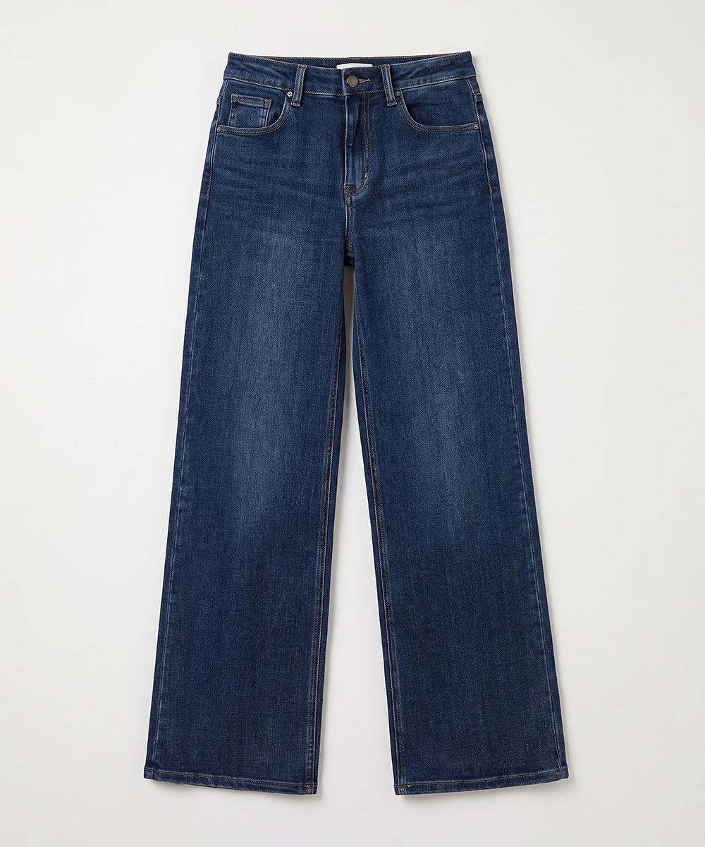 Dark indigo wide-leg high-waist denim jeans laid flat on white background, five-pocket style with button and zip fly