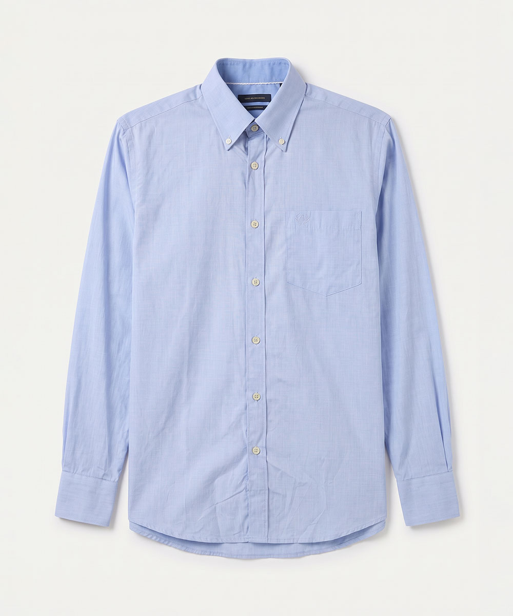 Light blue men's long-sleeve button-down shirt with chest pocket and buttons, collar, flat on white background