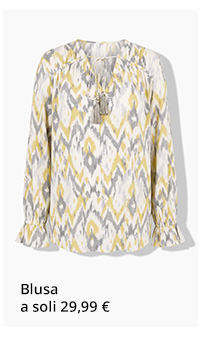 Blusa con motivo Ikat giallo-grigio e maniche a volant