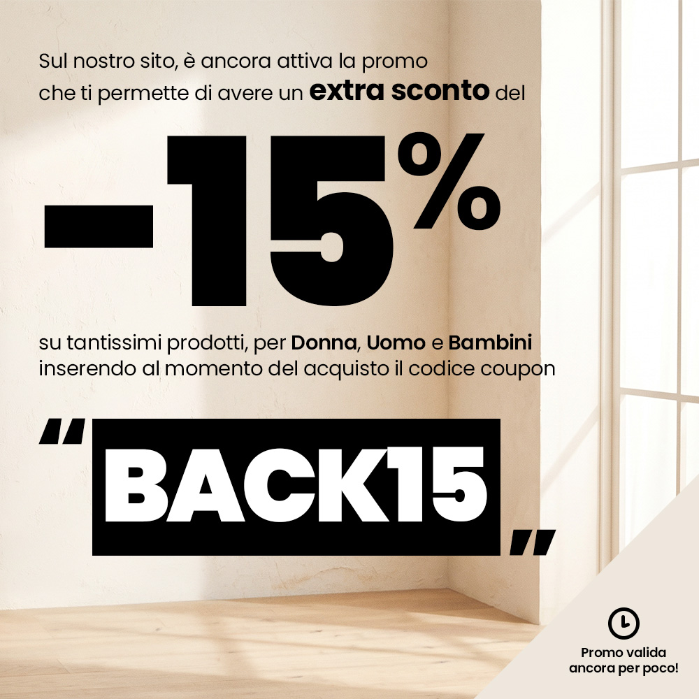 Promotional banner showing '-15%' discount and coupon code BACK15 in bold on a light room background, valid for women, men and children