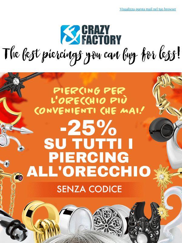 🎉 - 25% su tutti i piercing per le orecchie, per tre giorni e senza codice,