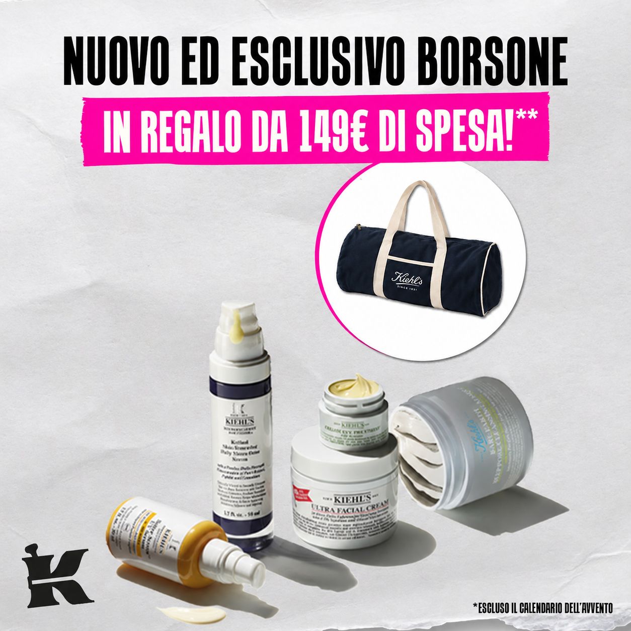 Prodotti su sfondo chiaro e borsone con scritta Nuovo ed esclusivo borsone in regalo da 149&euro; di spesa