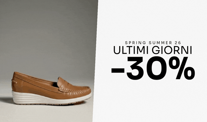 Collage of tan, white and navy leather loafers with repeated Italian 'Ultimi Giorni -30%' spring/summer sale text